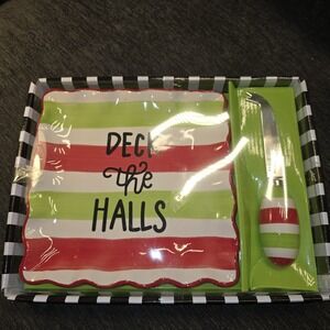 Holiday Cheese Board and Spreader Set‎ Deck the Halls Christmas Ceramic